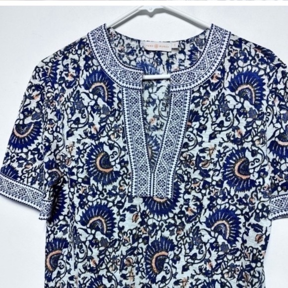Tory Burch Brinda Print Linen V Neck Tunic Top S - Picture 7 of 10